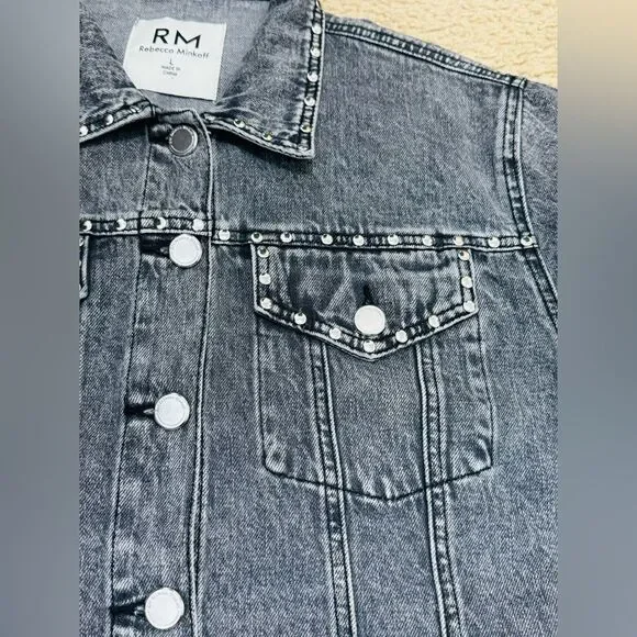 NWOT Rebecca Minkoff Studded Light Black Wash Denim Jean Jacket Women’s Sz L - Picture 7 of 16